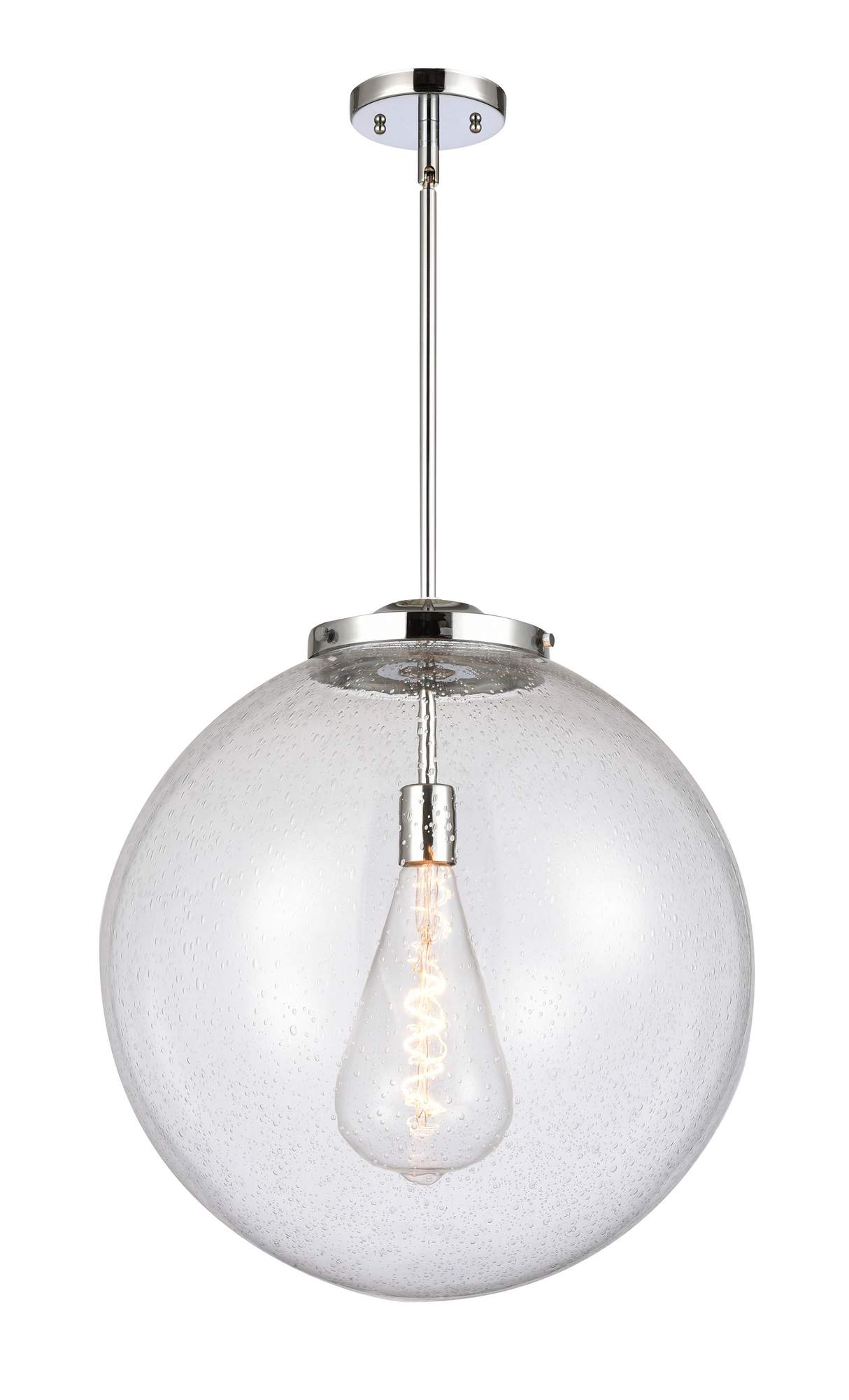 221-1S-PC-G204-18 1-Light 18" Polished Chrome Pendant - Seedy Beacon Glass - LED Bulb - Dimmensions: 18 x 18 x 19<br>Minimum Height : 28<br>Maximum Height : 52 - Sloped Ceiling Compatible: Yes