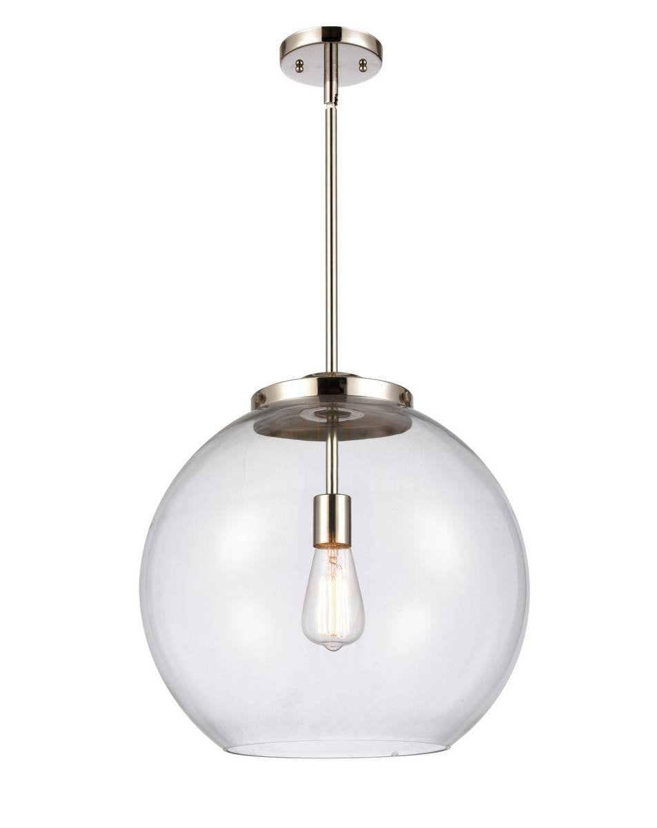 221-1S-PN-G122-16 1-Light 15.75" Polished Nickel Pendant - Clear Large Athens Glass - LED Bulb - Dimmensions: 15.75 x 15.75 x 16.375<br>Minimum Height : 26<br>Maximum Height : 50 - Sloped Ceiling Compatible: Yes
