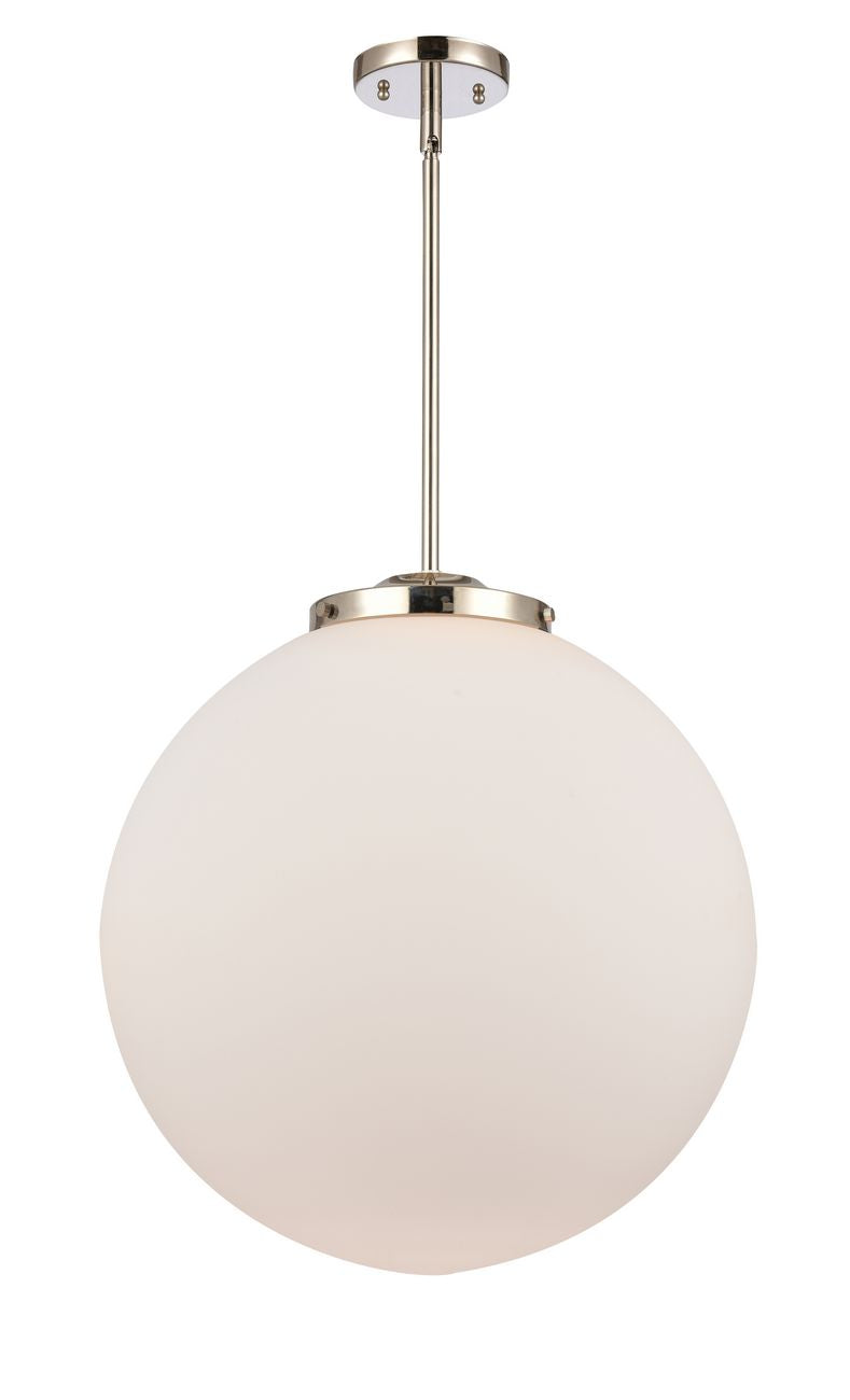 221-1S-PN-G201-18 1-Light 18" Polished Nickel Pendant - Matte White Cased Beacon Glass - LED Bulb - Dimmensions: 18 x 18 x 19<br>Minimum Height : 28<br>Maximum Height : 52 - Sloped Ceiling Compatible: Yes