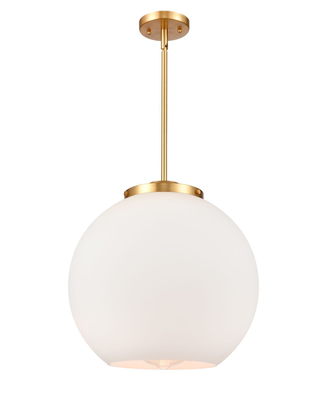 221-1S-SG-G121-16 1-Light 15.75" Satin Gold Pendant - Cased Matte White Large Athens Glass - LED Bulb - Dimmensions: 15.75 x 15.75 x 16.375<br>Minimum Height : 26<br>Maximum Height : 50 - Sloped Ceiling Compatible: Yes