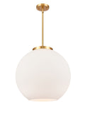 221-1S-SG-G121-18 1-Light 17.75" Satin Gold Pendant - Cased Matte White Large Athens Glass - LED Bulb - Dimmensions: 17.75 x 17.75 x 18.375<br>Minimum Height : 27.375<br>Maximum Height : 51.375 - Sloped Ceiling Compatible: Yes