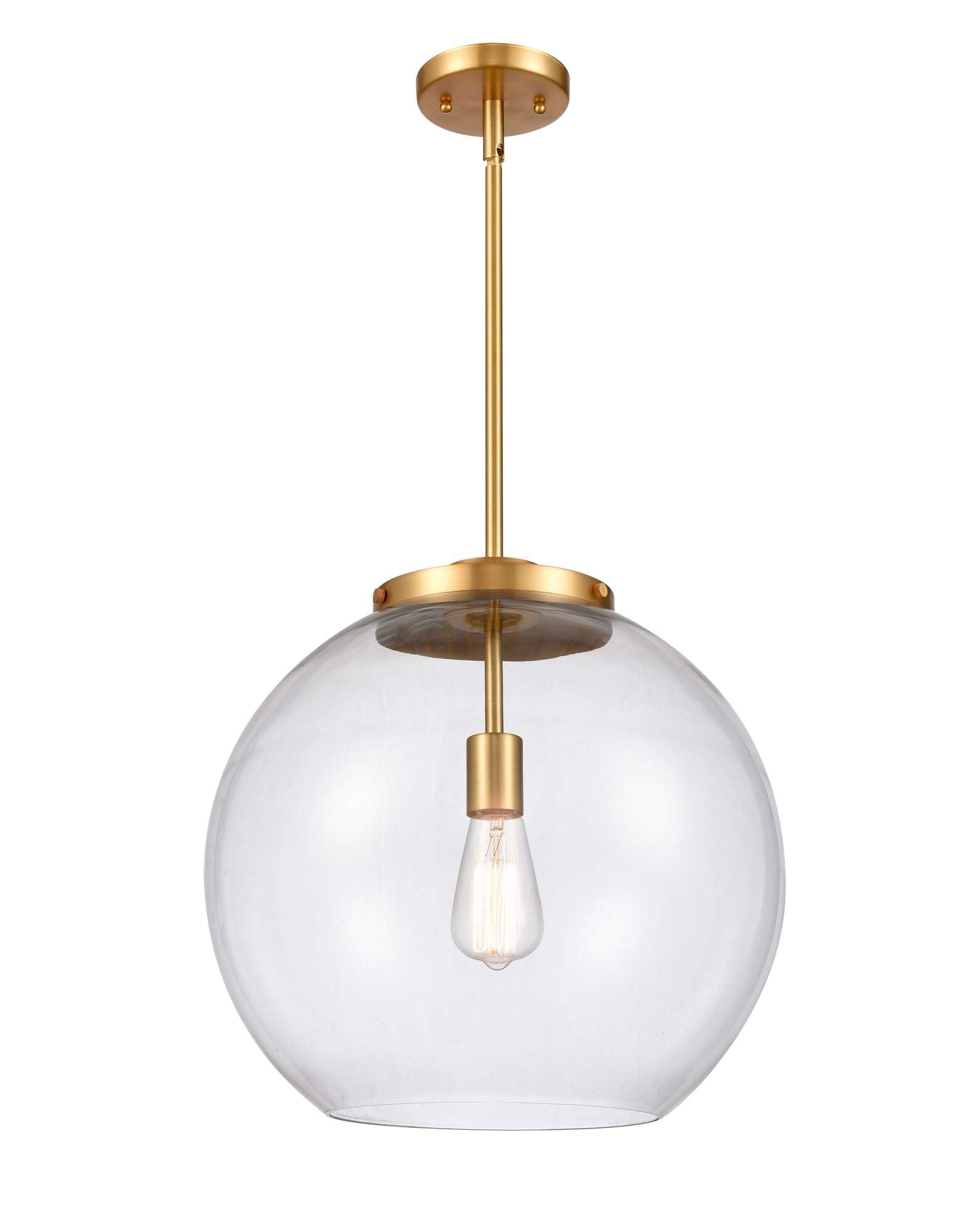 221-1S-SG-G122-16 1-Light 15.75" Satin Gold Pendant - Clear Large Athens Glass - LED Bulb - Dimmensions: 15.75 x 15.75 x 16.375<br>Minimum Height : 26<br>Maximum Height : 50 - Sloped Ceiling Compatible: Yes