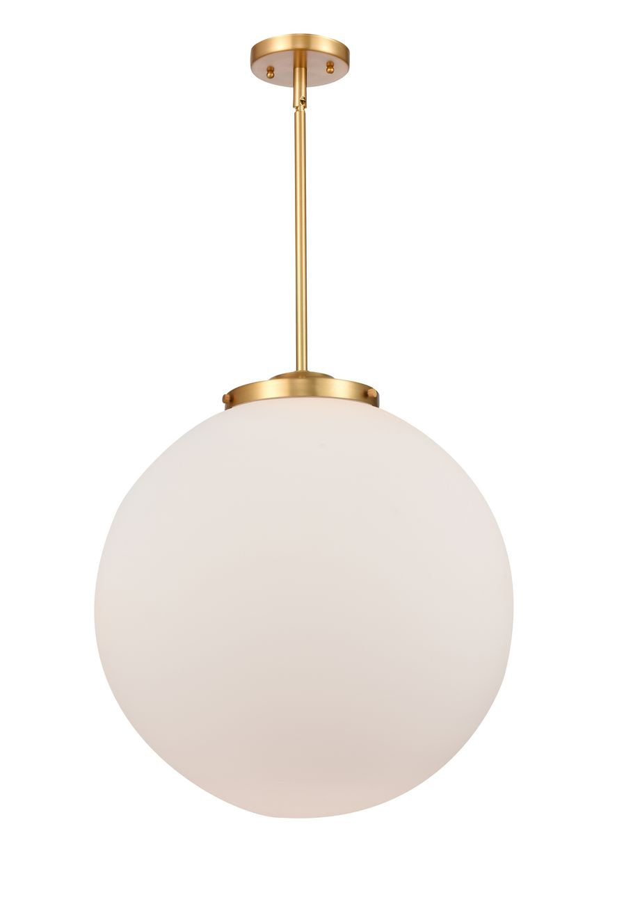 221-1S-SG-G201-18 1-Light 18" Satin Gold Pendant - Matte White Cased Beacon Glass - LED Bulb - Dimmensions: 18 x 18 x 19<br>Minimum Height : 28<br>Maximum Height : 52 - Sloped Ceiling Compatible: Yes