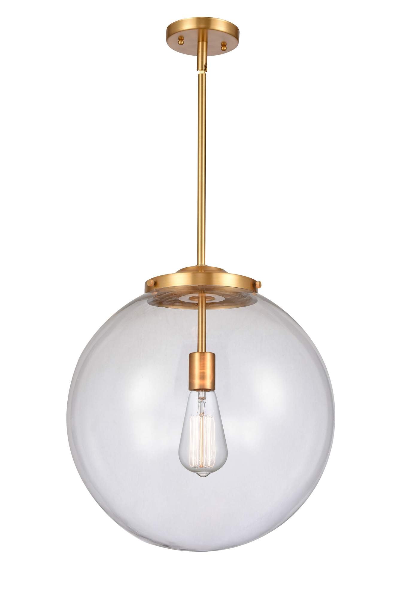 221-1S-SG-G202-16 1-Light 16" Satin Gold Pendant - Clear Beacon Glass - LED Bulb - Dimmensions: 16 x 16 x 17<br>Minimum Height : 26<br>Maximum Height : 50 - Sloped Ceiling Compatible: Yes