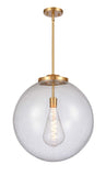 221-1S-SG-G204-18 1-Light 18" Satin Gold Pendant - Seedy Beacon Glass - LED Bulb - Dimmensions: 18 x 18 x 19<br>Minimum Height : 28<br>Maximum Height : 52 - Sloped Ceiling Compatible: Yes