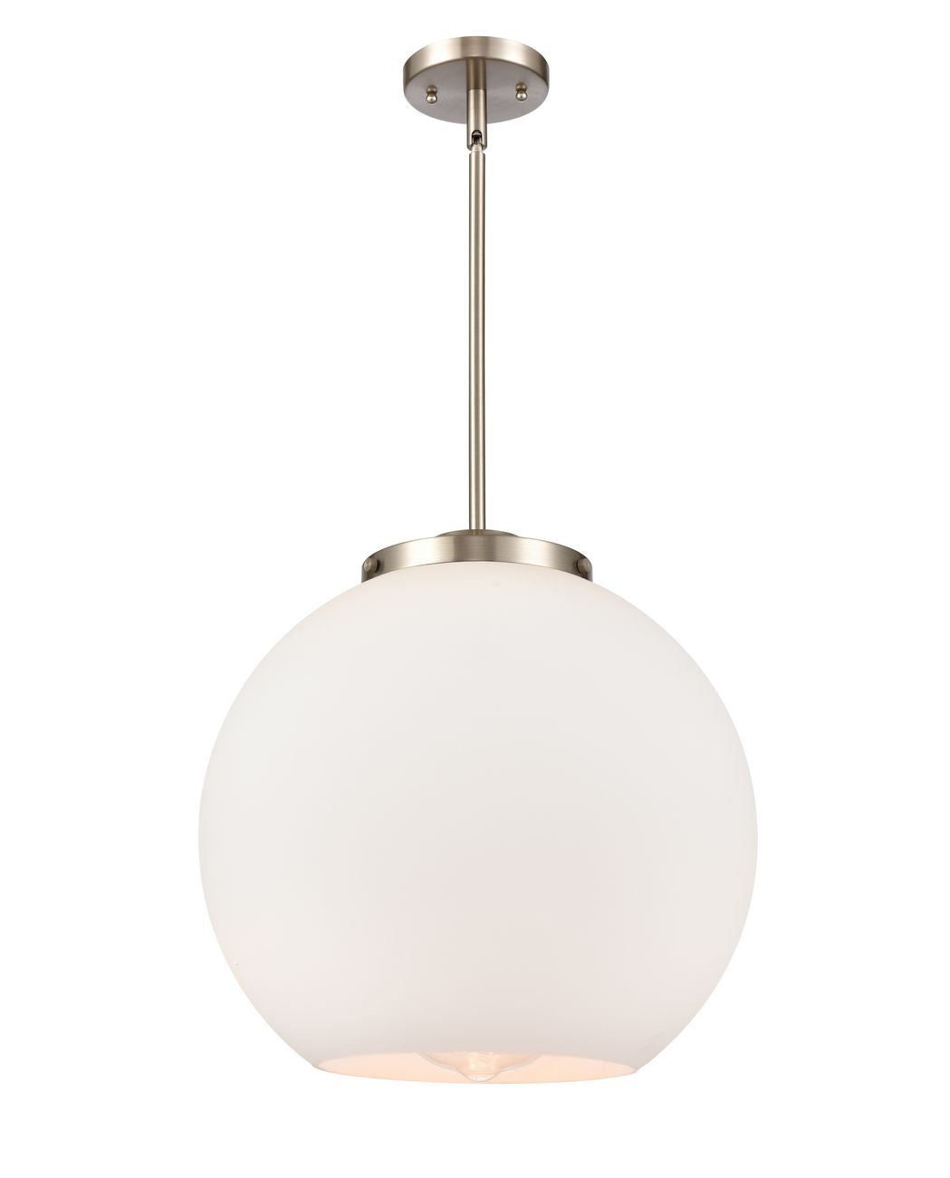 221-1S-SN-G121-16 1-Light 15.75" Brushed Satin Nickel Pendant - Cased Matte White Large Athens Glass - LED Bulb - Dimmensions: 15.75 x 15.75 x 16.375<br>Minimum Height : 26<br>Maximum Height : 50 - Sloped Ceiling Compatible: Yes
