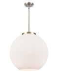 221-1S-SN-G121-18 1-Light 17.75" Brushed Satin Nickel Pendant - Cased Matte White Large Athens Glass - LED Bulb - Dimmensions: 17.75 x 17.75 x 18.375<br>Minimum Height : 27.375<br>Maximum Height : 51.375 - Sloped Ceiling Compatible: Yes