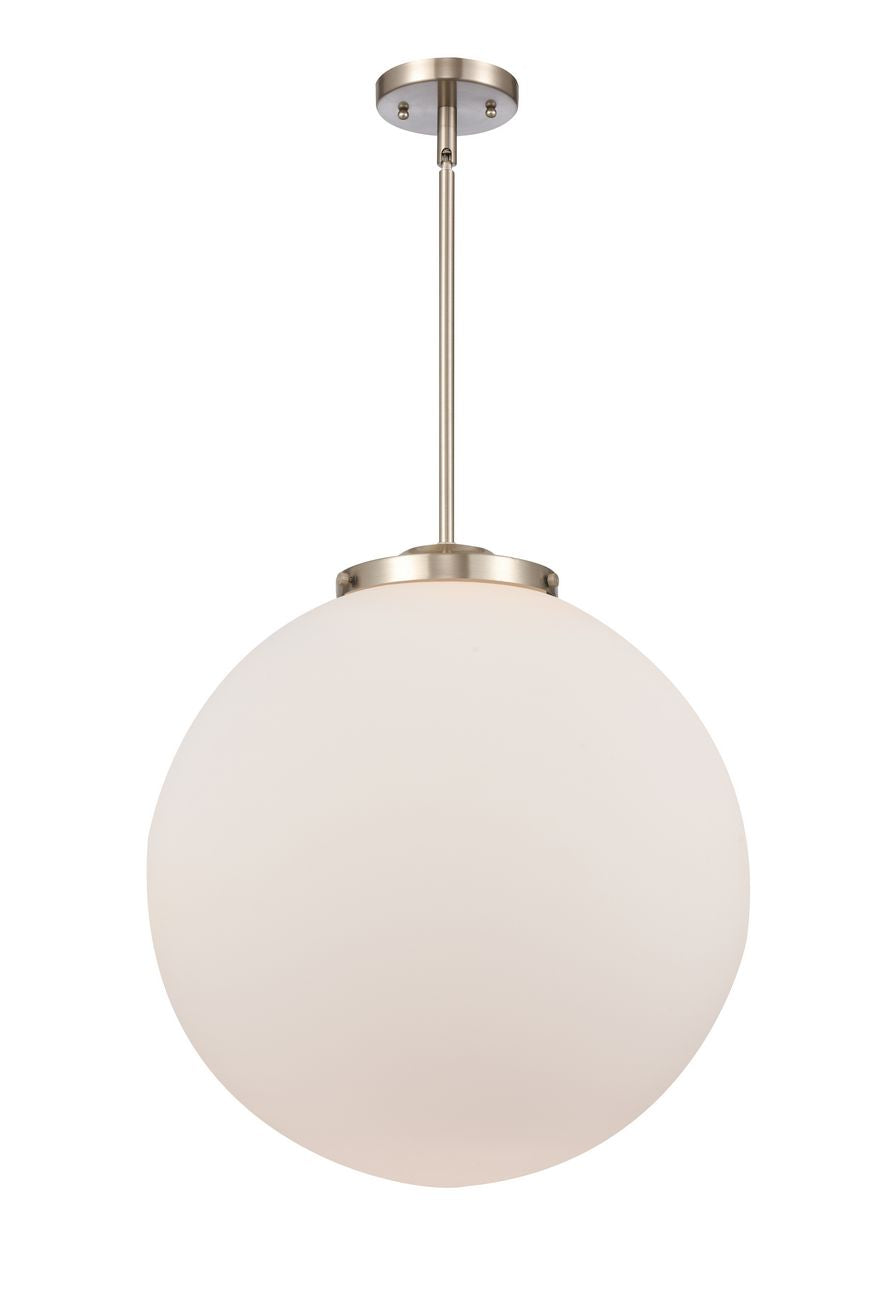 221-1S-SN-G201-18 1-Light 18" Brushed Satin Nickel Pendant - Matte White Cased Beacon Glass - LED Bulb - Dimmensions: 18 x 18 x 19<br>Minimum Height : 28<br>Maximum Height : 52 - Sloped Ceiling Compatible: Yes
