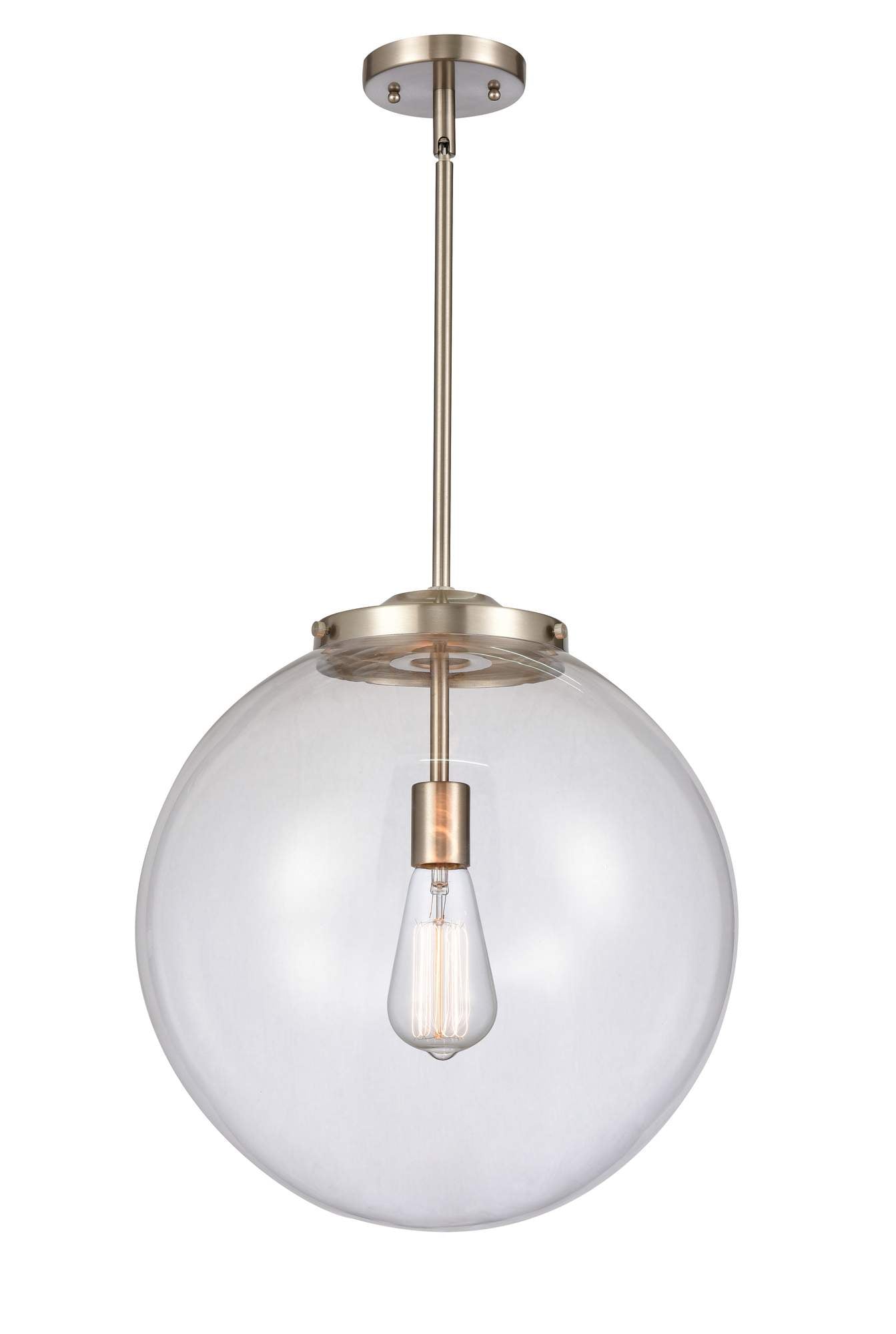 221-1S-SN-G202-16 1-Light 16" Brushed Satin Nickel Pendant - Clear Beacon Glass - LED Bulb - Dimmensions: 16 x 16 x 17<br>Minimum Height : 26<br>Maximum Height : 50 - Sloped Ceiling Compatible: Yes