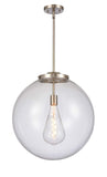 221-1S-SN-G202-18 1-Light 18" Brushed Satin Nickel Pendant - Clear Beacon Glass - LED Bulb - Dimmensions: 18 x 18 x 19<br>Minimum Height : 28<br>Maximum Height : 52 - Sloped Ceiling Compatible: Yes