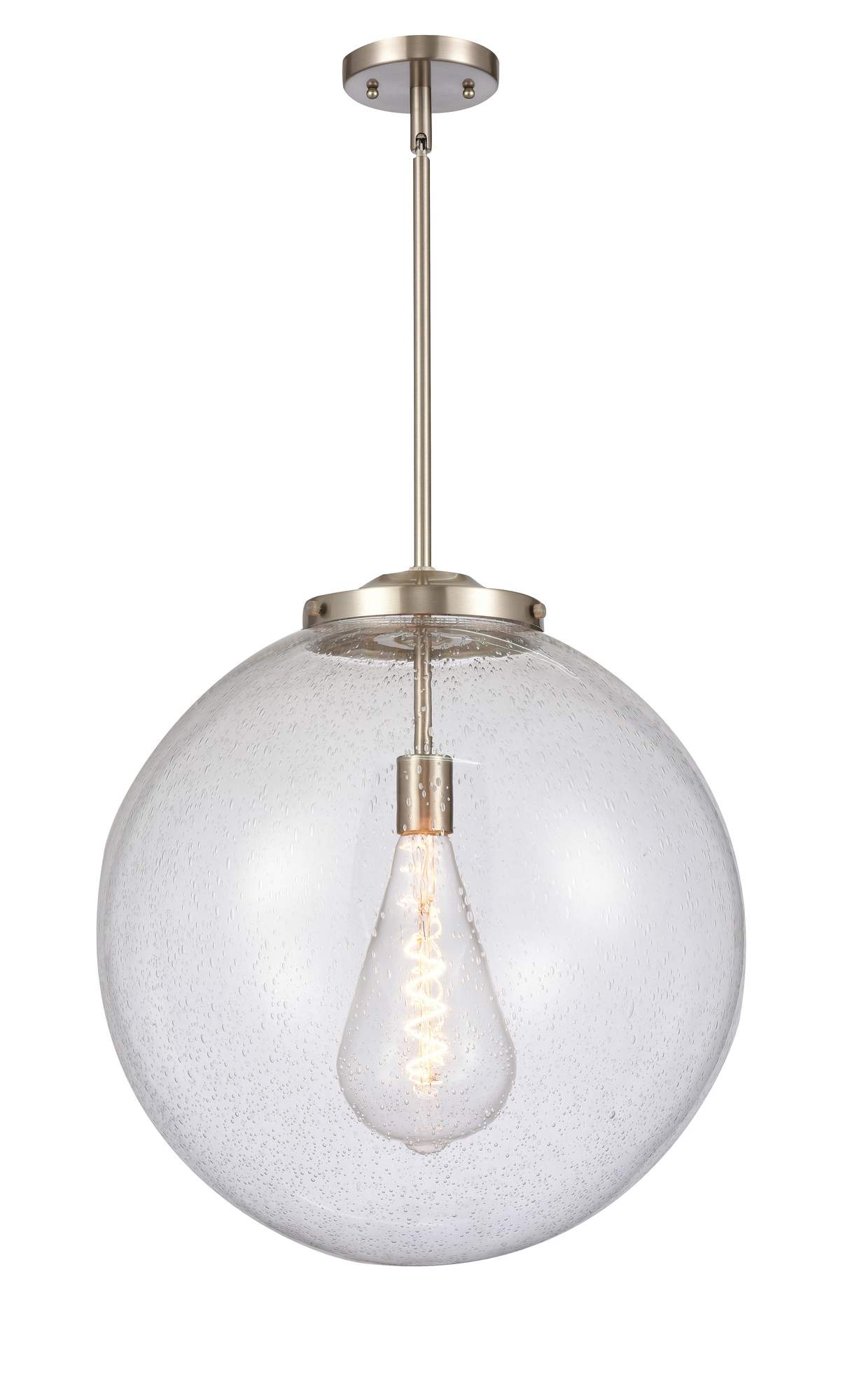 221-1S-SN-G204-18 1-Light 18" Brushed Satin Nickel Pendant - Seedy Beacon Glass - LED Bulb - Dimmensions: 18 x 18 x 19<br>Minimum Height : 28<br>Maximum Height : 52 - Sloped Ceiling Compatible: Yes
