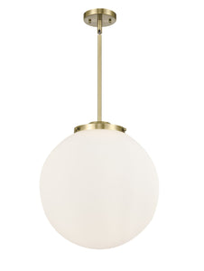 221-3S-AB-G201-16 3-Light 16" Antique Brass Pendant - Matte White Cased Beacon Glass - LED Bulb - Dimmensions: 16 x 16 x 17<br>Minimum Height : 26<br>Maximum Height : 50 - Sloped Ceiling Compatible: Yes
