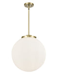 221-3S-AB-G201-16 3-Light 16" Antique Brass Pendant - Matte White Cased Beacon Glass - LED Bulb - Dimmensions: 16 x 16 x 17<br>Minimum Height : 26<br>Maximum Height : 50 - Sloped Ceiling Compatible: Yes