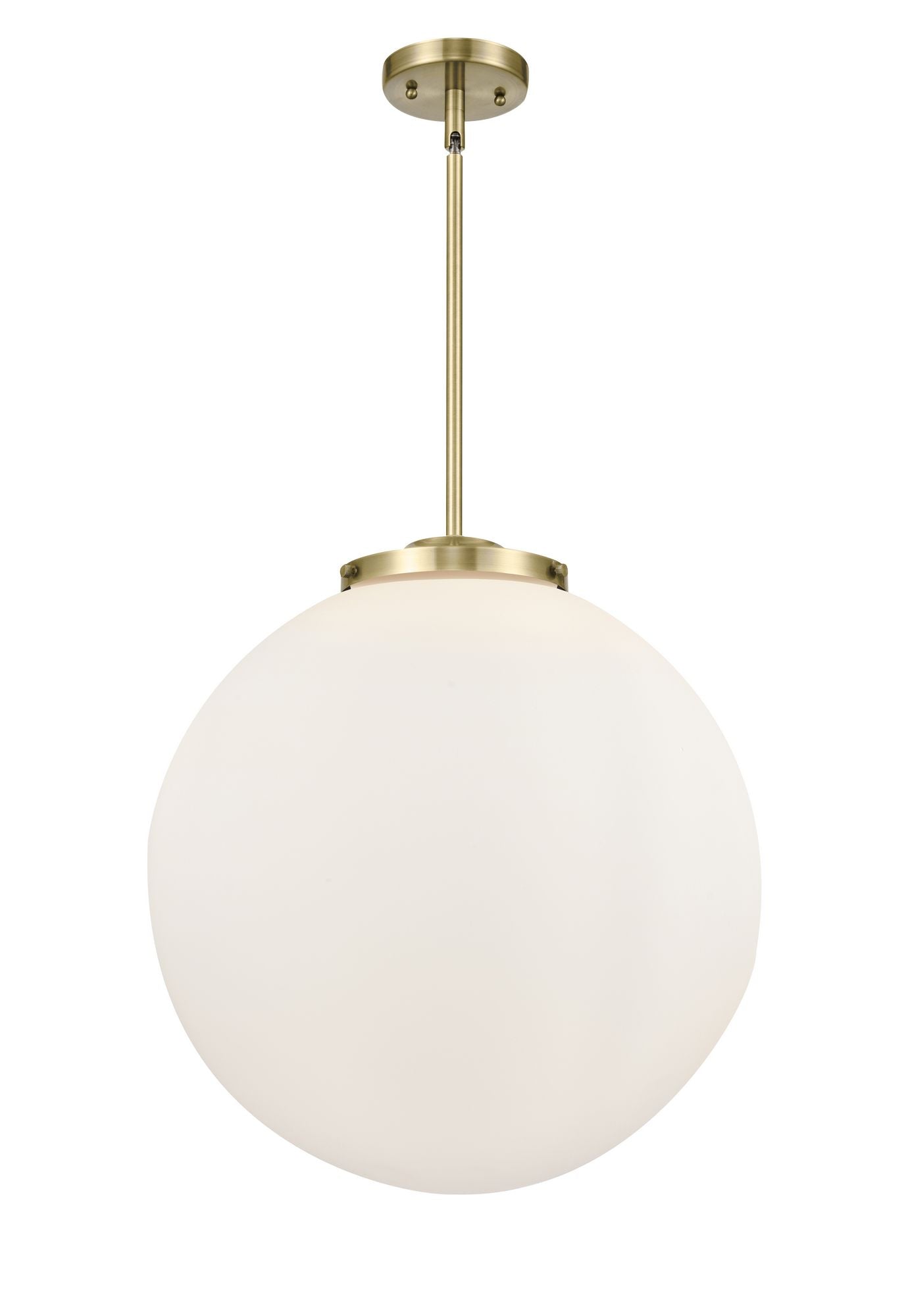 221-3S-AB-G201-18 3-Light 18" Antique Brass Pendant - Matte White Cased Beacon Glass - LED Bulb - Dimmensions: 18 x 18 x 19<br>Minimum Height : 26<br>Maximum Height : 50 - Sloped Ceiling Compatible: Yes