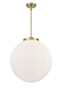 221-3S-AB-G201-18 3-Light 18" Antique Brass Pendant - Matte White Cased Beacon Glass - LED Bulb - Dimmensions: 18 x 18 x 19<br>Minimum Height : 26<br>Maximum Height : 50 - Sloped Ceiling Compatible: Yes