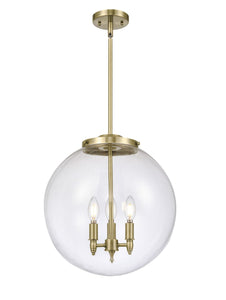 221-3S-AB-G202-16 3-Light 16" Antique Brass Pendant - Clear Beacon Glass - LED Bulb - Dimmensions: 16 x 16 x 17<br>Minimum Height : 26<br>Maximum Height : 50 - Sloped Ceiling Compatible: Yes