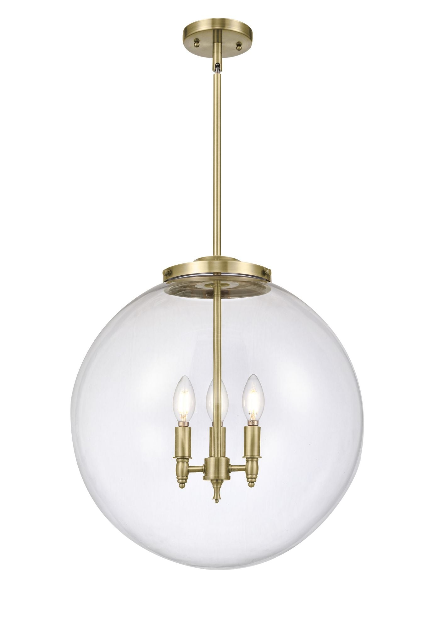 221-3S-AB-G202-18 3-Light 18" Antique Brass Pendant - Clear Beacon Glass - LED Bulb - Dimmensions: 18 x 18 x 19<br>Minimum Height : 26<br>Maximum Height : 50 - Sloped Ceiling Compatible: Yes