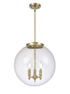 221-3S-AB-G204-16 3-Light 16" Antique Brass Pendant - Seedy Beacon Glass - LED Bulb - Dimmensions: 16 x 16 x 17<br>Minimum Height : 26<br>Maximum Height : 50 - Sloped Ceiling Compatible: Yes
