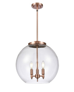 221-3S-AC-G122-16 3-Light 15.75" Antique Copper Pendant - Clear Large Athens Glass - LED Bulb - Dimmensions: 15.75 x 15.75 x 16.375<br>Minimum Height : 26<br>Maximum Height : 50 - Sloped Ceiling Compatible: Yes