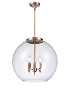 221-3S-AC-G122-18 3-Light 17.75" Antique Copper Pendant - Clear Large Athens Glass - LED Bulb - Dimmensions: 17.75 x 17.75 x 18.375<br>Minimum Height : 27.375<br>Maximum Height : 51.375 - Sloped Ceiling Compatible: Yes