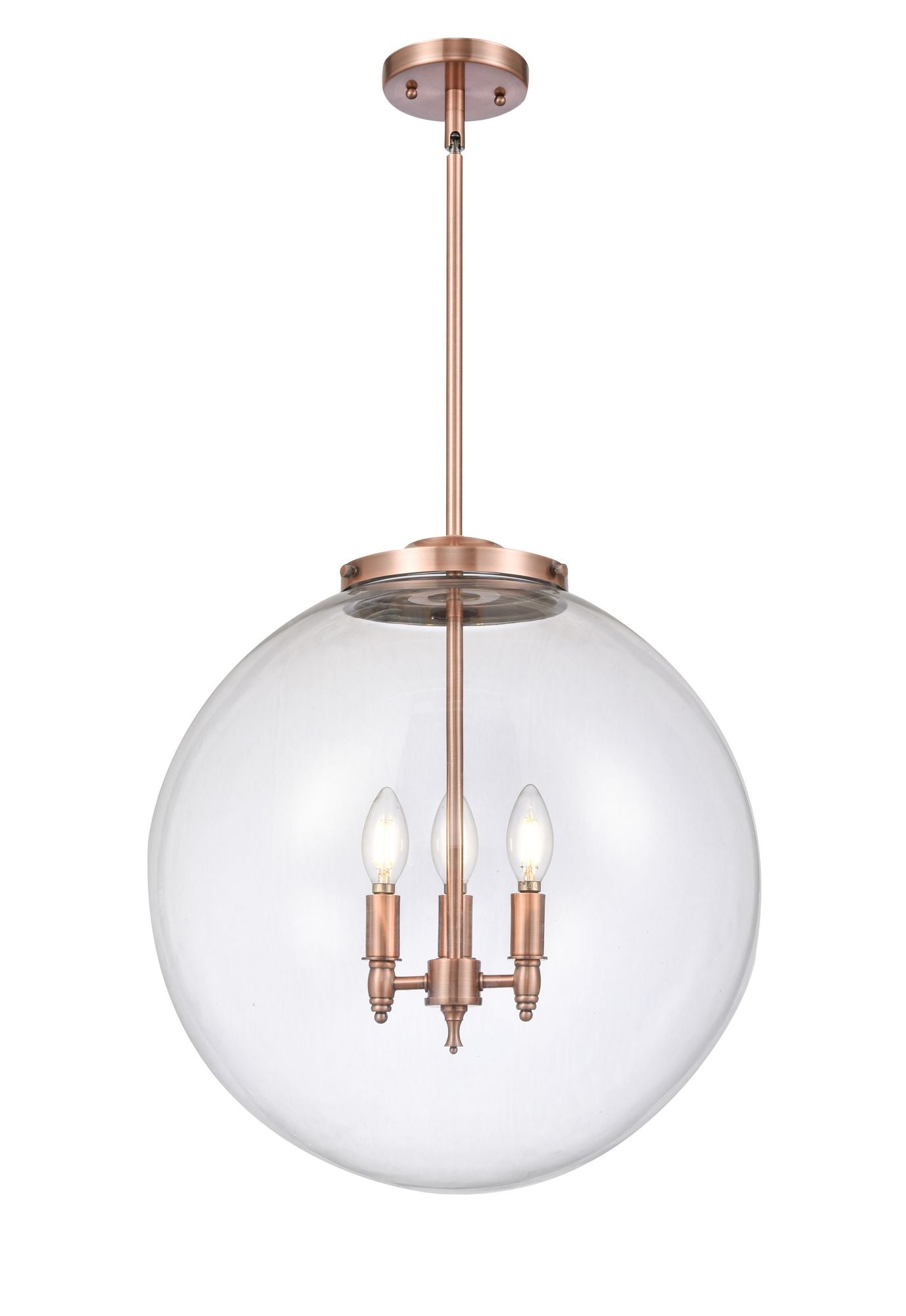 221-3S-AC-G202-18 3-Light 18" Antique Copper Pendant - Clear Beacon Glass - LED Bulb - Dimmensions: 18 x 18 x 19<br>Minimum Height : 26<br>Maximum Height : 50 - Sloped Ceiling Compatible: Yes