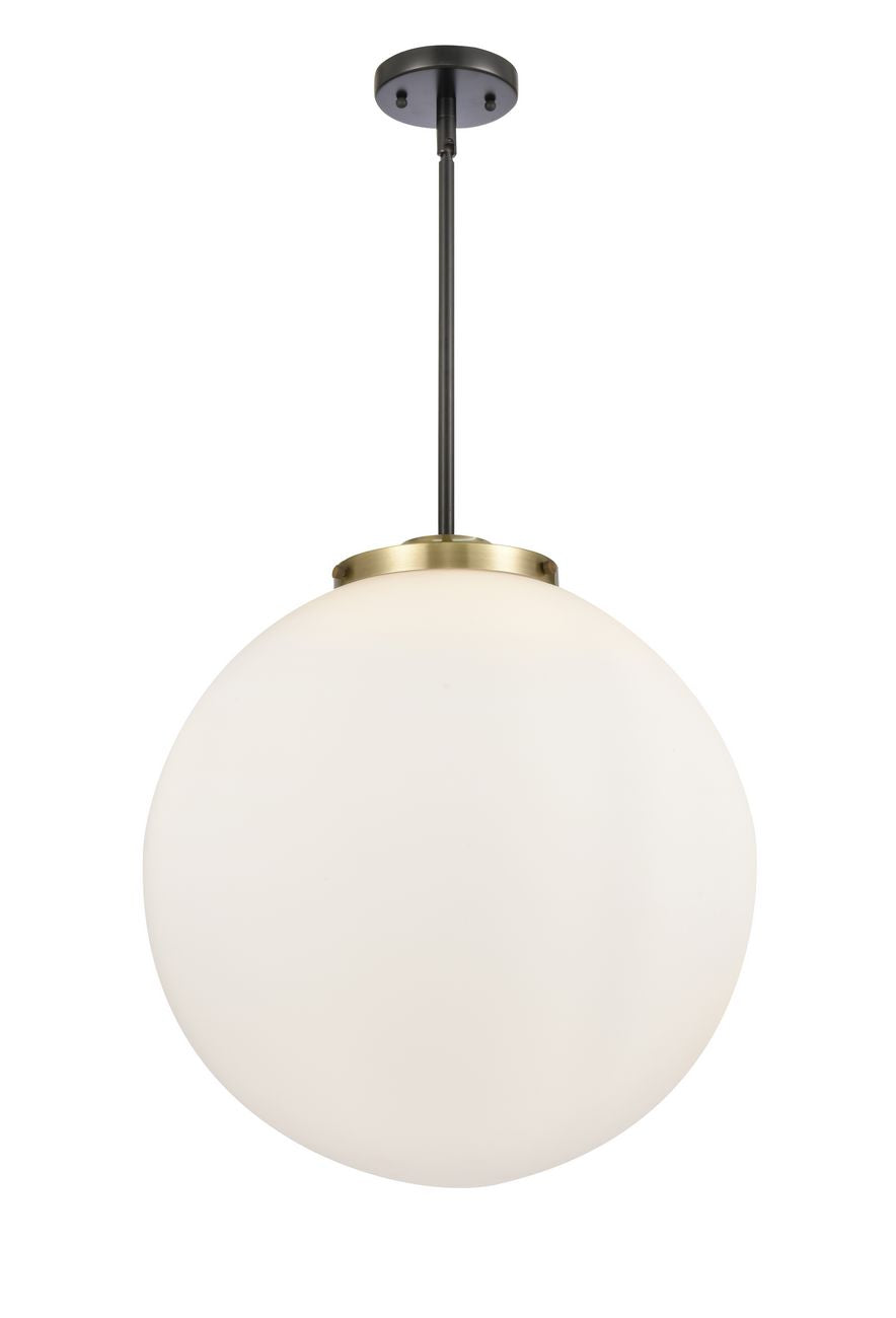 221-3S-BAB-G201-18 3-Light 18" Black Antique Brass Pendant - Matte White Cased Beacon Glass - LED Bulb - Dimmensions: 18 x 18 x 19<br>Minimum Height : 26<br>Maximum Height : 50 - Sloped Ceiling Compatible: Yes