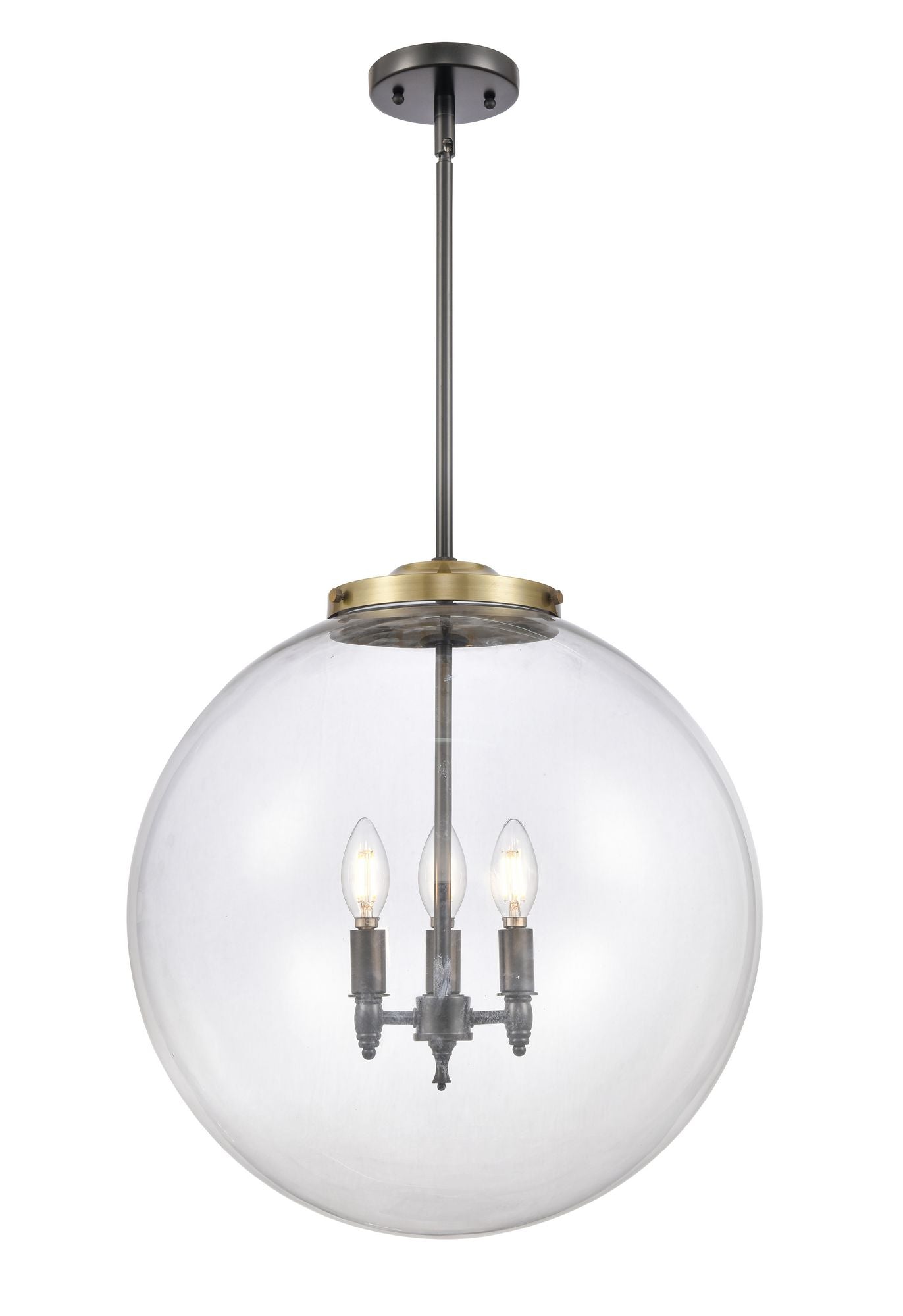 221-3S-BAB-G202-18 3-Light 18" Black Antique Brass Pendant - Clear Beacon Glass - LED Bulb - Dimmensions: 18 x 18 x 19<br>Minimum Height : 26<br>Maximum Height : 50 - Sloped Ceiling Compatible: Yes