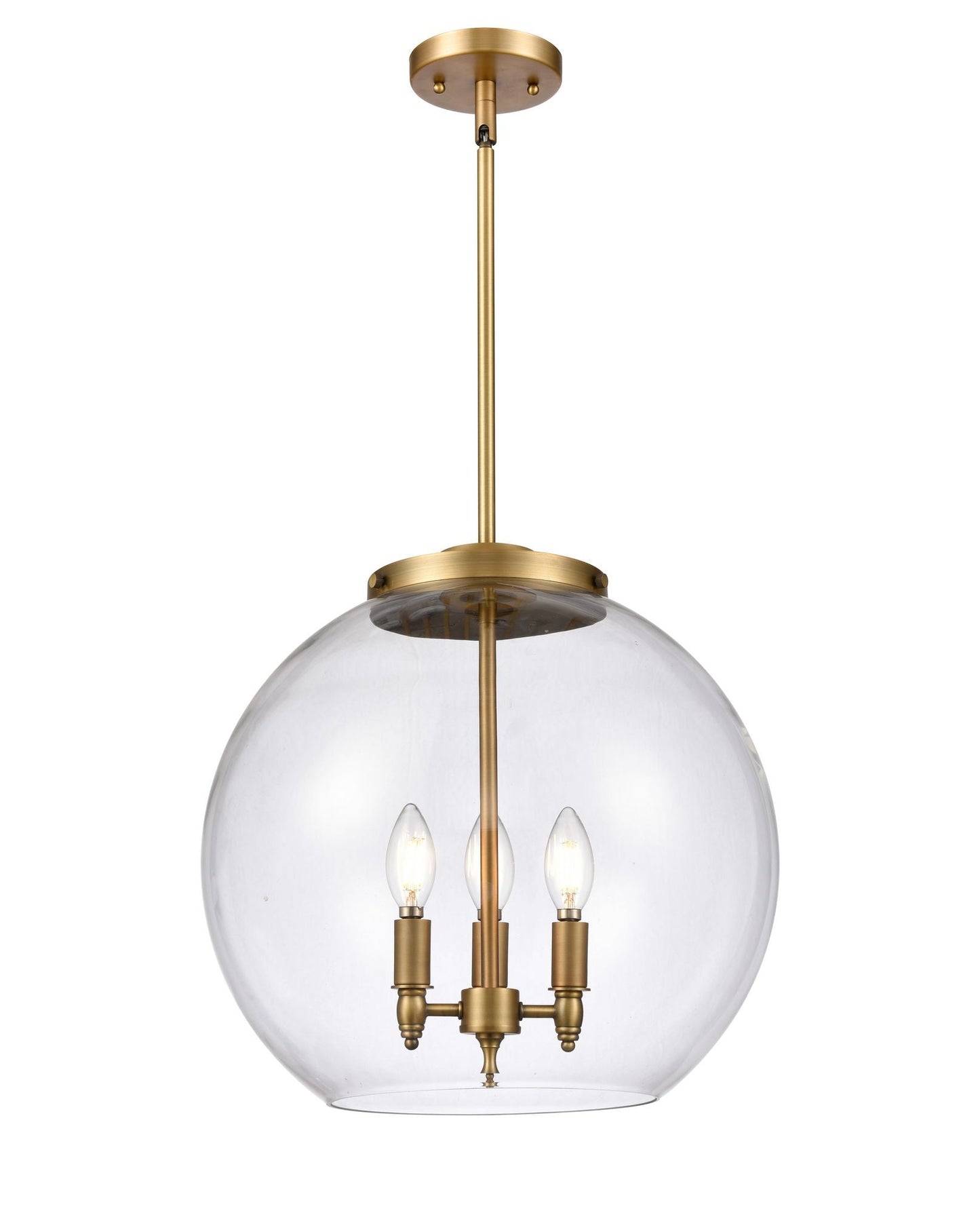 221-3S-BB-G122-16 3-Light 15.75" Brushed Brass Pendant - Clear Large Athens Glass - LED Bulb - Dimmensions: 15.75 x 15.75 x 16.375<br>Minimum Height : 26<br>Maximum Height : 50 - Sloped Ceiling Compatible: Yes