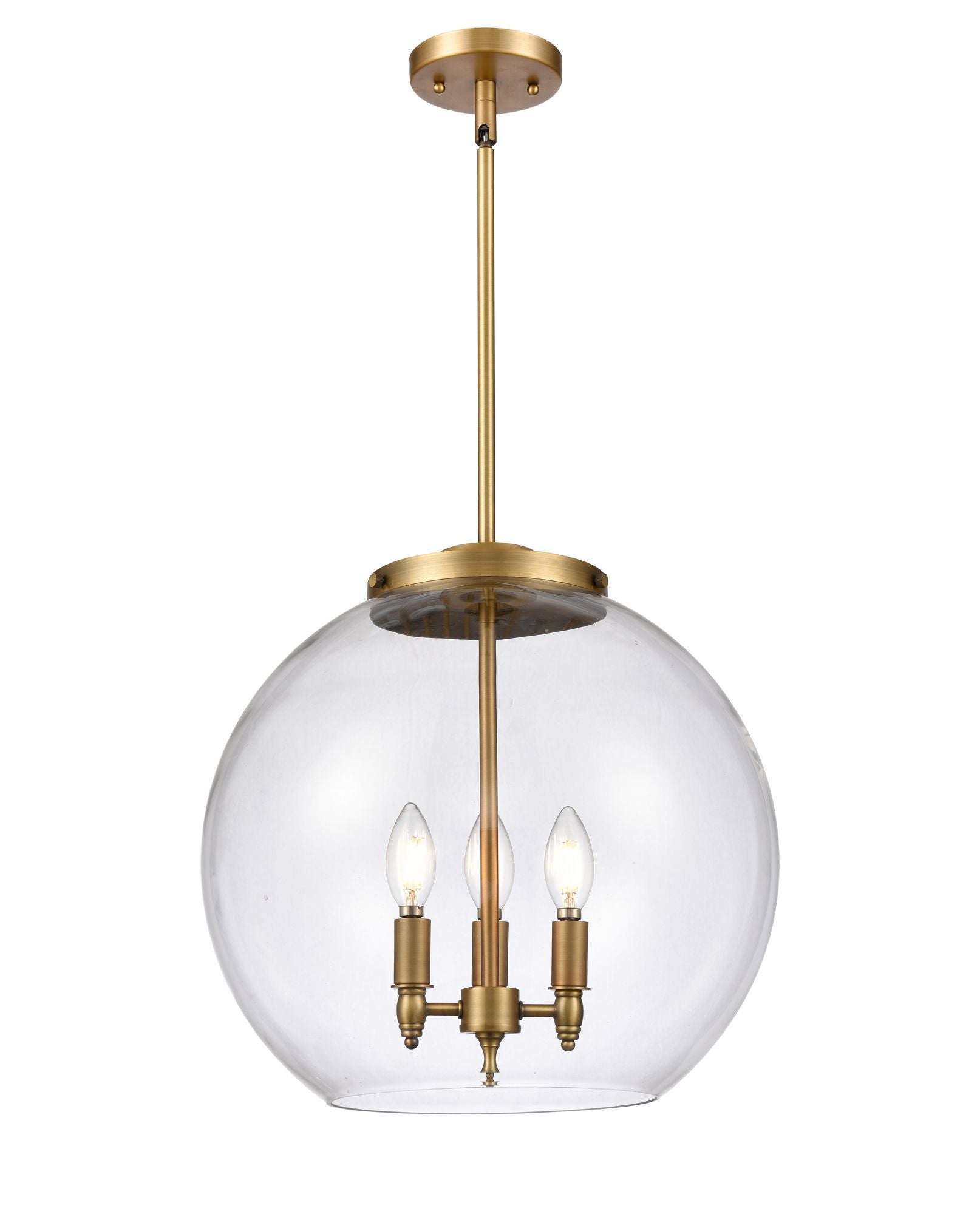 221-3S-BB-G122-16 3-Light 15.75" Brushed Brass Pendant - Clear Large Athens Glass - LED Bulb - Dimmensions: 15.75 x 15.75 x 16.375<br>Minimum Height : 26<br>Maximum Height : 50 - Sloped Ceiling Compatible: Yes