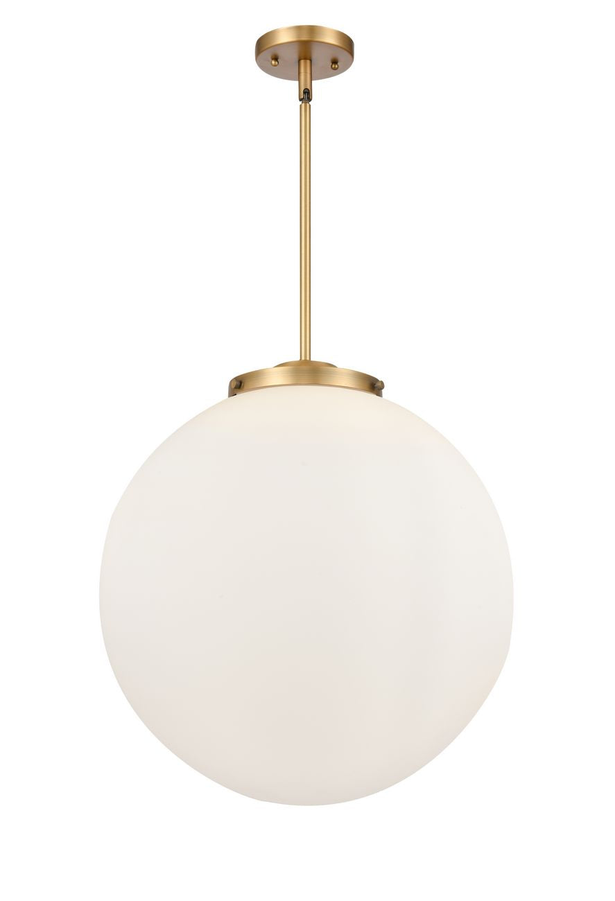 221-3S-BB-G201-18 3-Light 18" Brushed Brass Pendant - Matte White Cased Beacon Glass - LED Bulb - Dimmensions: 18 x 18 x 19<br>Minimum Height : 26<br>Maximum Height : 50 - Sloped Ceiling Compatible: Yes