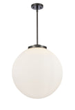 221-3S-BK-G201-18 3-Light 18" Matte Black Pendant - Matte White Cased Beacon Glass - LED Bulb - Dimmensions: 18 x 18 x 19<br>Minimum Height : 26<br>Maximum Height : 50 - Sloped Ceiling Compatible: Yes