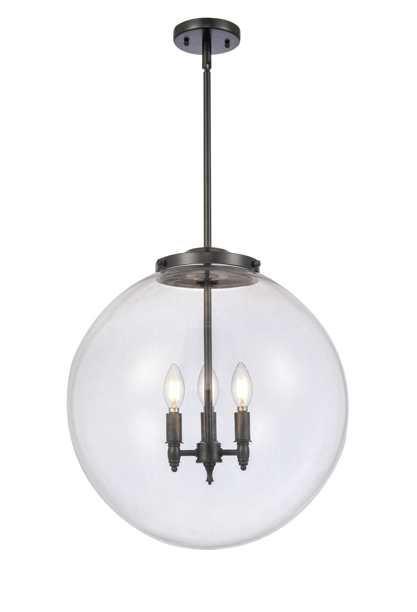 221-3S-BK-G202-18 3-Light 18" Matte Black Pendant - Clear Beacon Glass - LED Bulb - Dimmensions: 18 x 18 x 19<br>Minimum Height : 26<br>Maximum Height : 50 - Sloped Ceiling Compatible: Yes