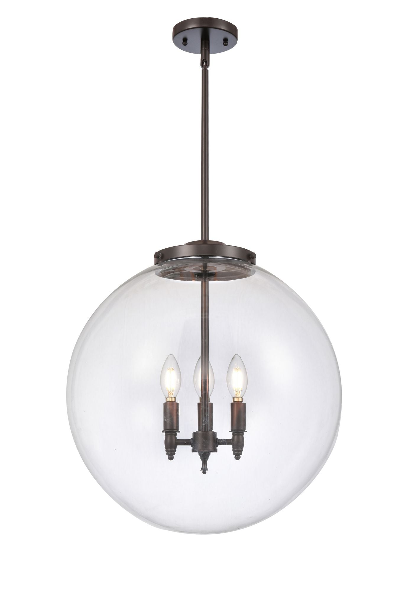 221-3S-OB-G202-18 3-Light 18" Oil Rubbed Bronze Pendant - Clear Beacon Glass - LED Bulb - Dimmensions: 18 x 18 x 19<br>Minimum Height : 26<br>Maximum Height : 50 - Sloped Ceiling Compatible: Yes