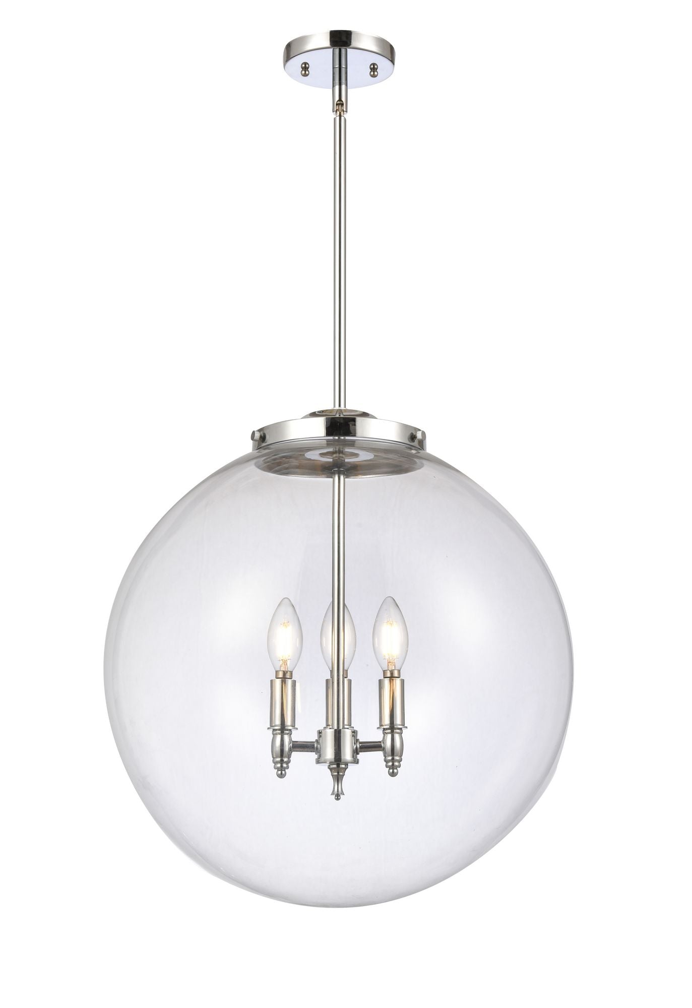 221-3S-PC-G202-18 3-Light 18" Polished Chrome Pendant - Clear Beacon Glass - LED Bulb - Dimmensions: 18 x 18 x 19<br>Minimum Height : 26<br>Maximum Height : 50 - Sloped Ceiling Compatible: Yes