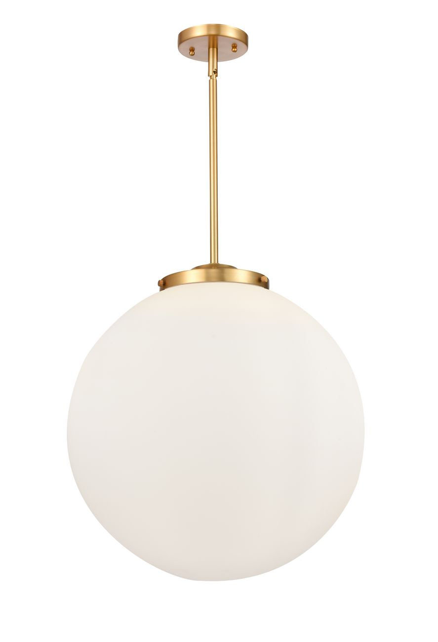 221-3S-SG-G201-18 3-Light 18" Satin Gold Pendant - Matte White Cased Beacon Glass - LED Bulb - Dimmensions: 18 x 18 x 19<br>Minimum Height : 26<br>Maximum Height : 50 - Sloped Ceiling Compatible: Yes