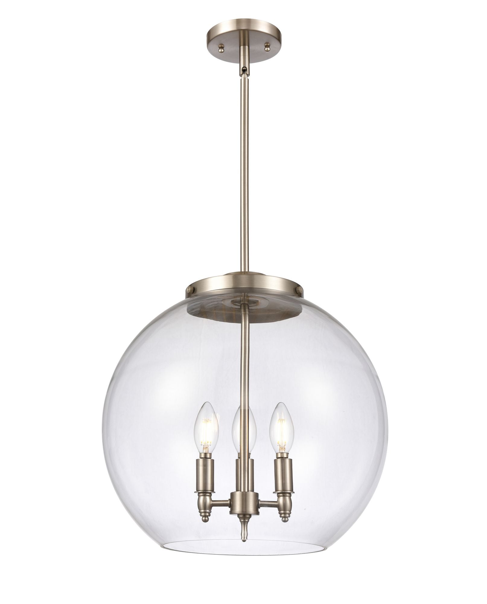 221-3S-SN-G122-16 3-Light 15.75" Brushed Satin Nickel Pendant - Clear Large Athens Glass - LED Bulb - Dimmensions: 15.75 x 15.75 x 16.375<br>Minimum Height : 26<br>Maximum Height : 50 - Sloped Ceiling Compatible: Yes