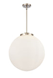 221-3S-SN-G201-18 3-Light 18" Brushed Satin Nickel Pendant - Matte White Cased Beacon Glass - LED Bulb - Dimmensions: 18 x 18 x 19<br>Minimum Height : 26<br>Maximum Height : 50 - Sloped Ceiling Compatible: Yes