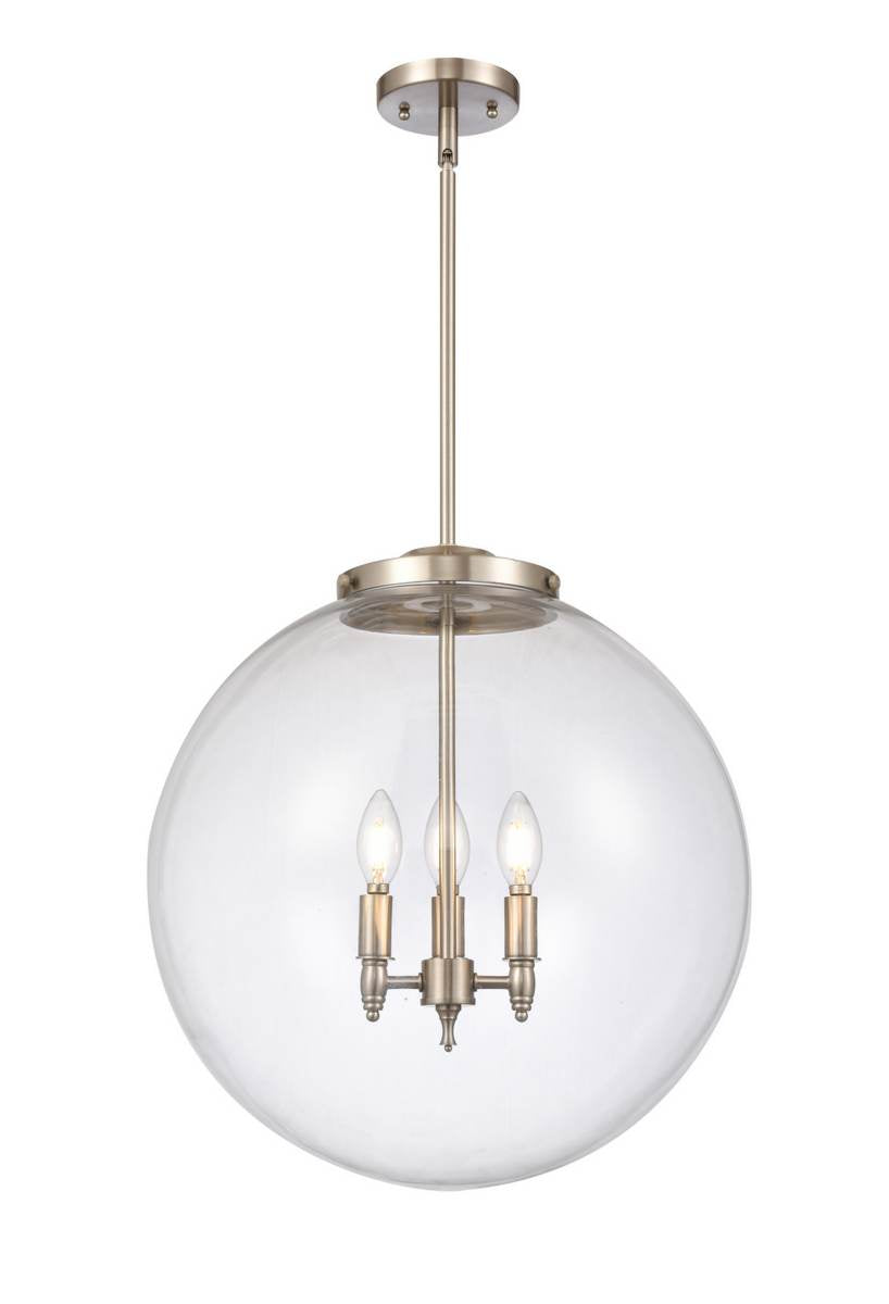 221-3S-SN-G202-18 3-Light 18" Brushed Satin Nickel Pendant - Clear Beacon Glass - LED Bulb - Dimmensions: 18 x 18 x 19<br>Minimum Height : 26<br>Maximum Height : 50 - Sloped Ceiling Compatible: Yes