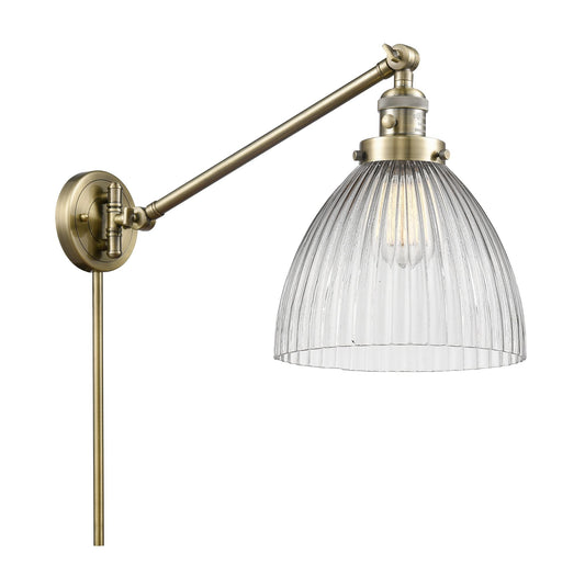 1-Light 9.5" Antique Brass Swing Arm - Clear Halophane Seneca Falls Glass LED - w/Switch