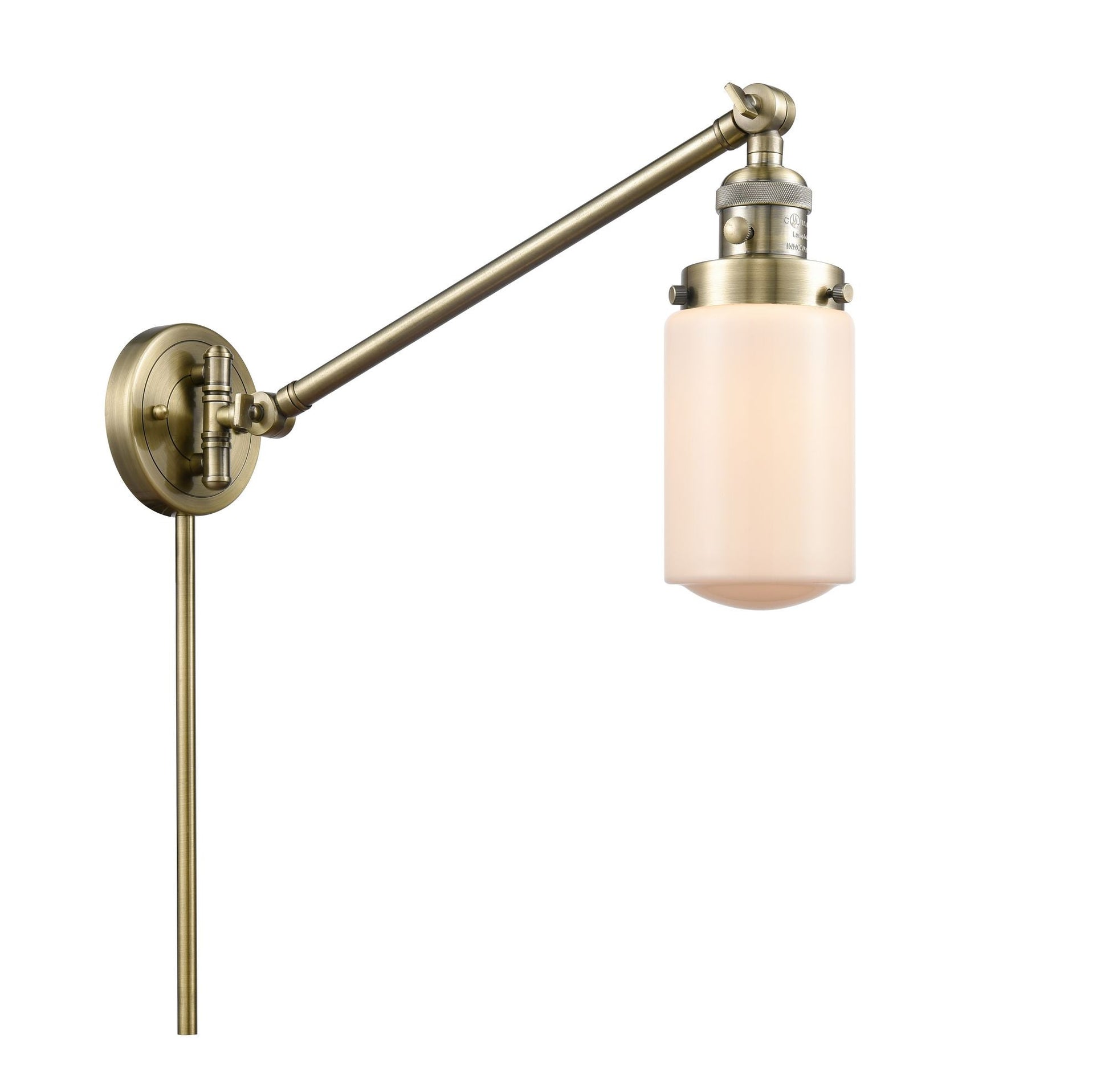 1-Light 4.5" Dover Swing Arm With Switch - Cylinder Matte White Glass - Choice of Finish And Incandesent Or LED Bulbs