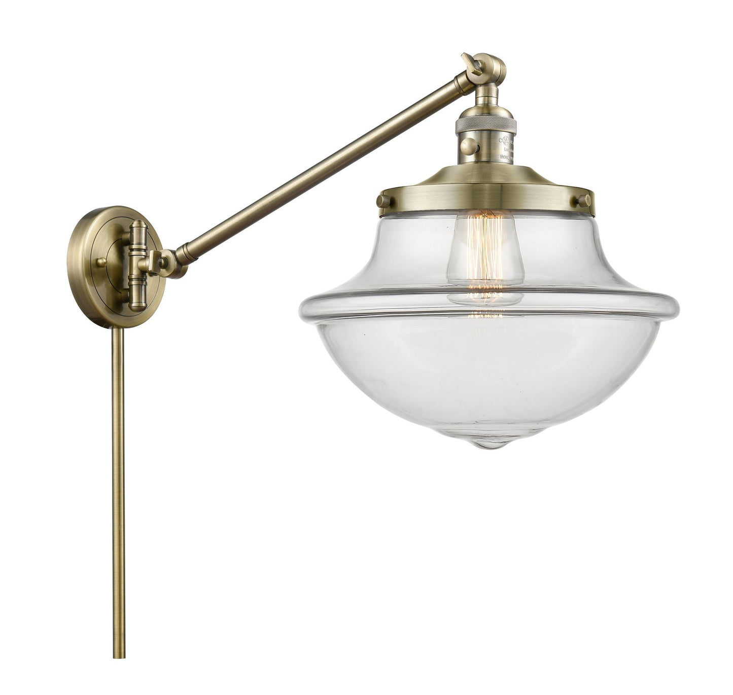 1-Light 11.75" Oxford Swing Arm With Switch - Schoolhouse Clear Glass - Choice of Finish And Incandesent Or LED Bulbs