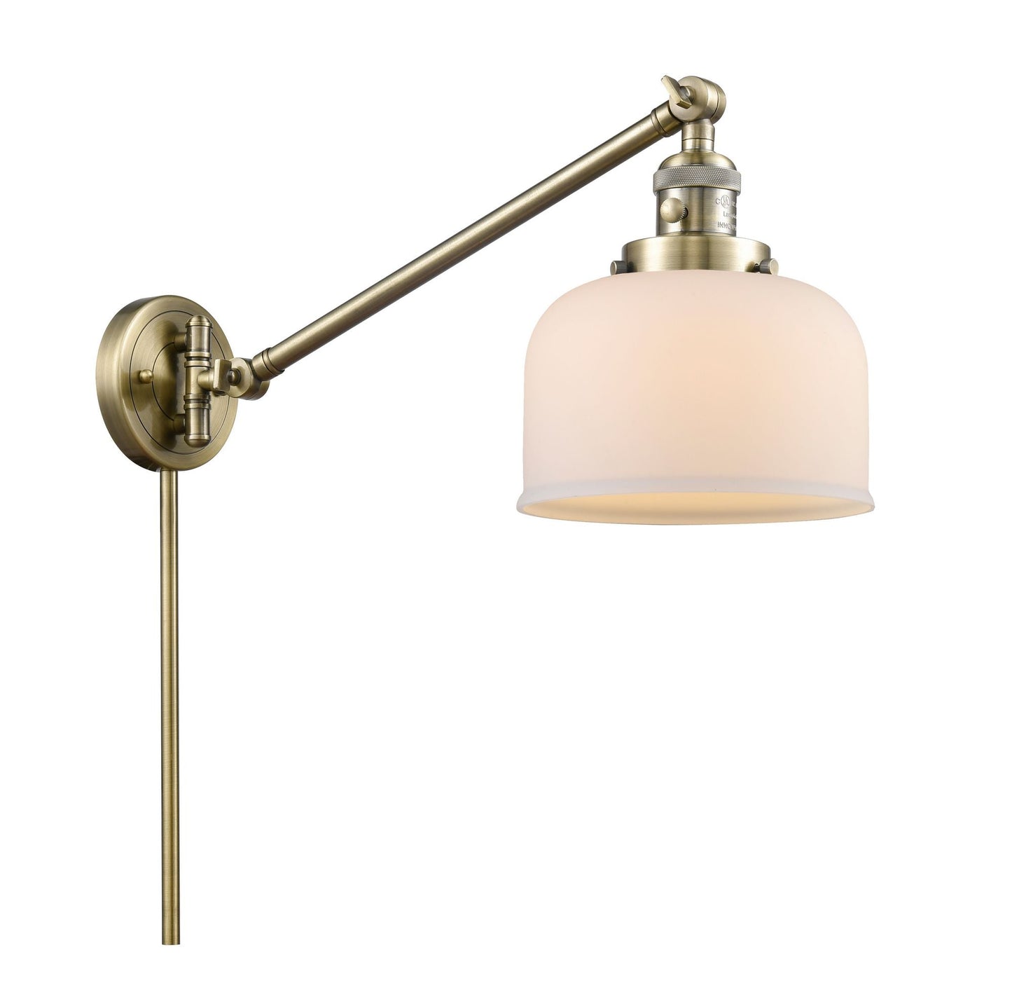 237-AB-G71 1-Light 8" Antique Brass Swing Arm - Matte White Cased Large Bell Glass - LED Bulb - Dimmensions: 8 x 21 x 25 - Glass Up or Down: Yes