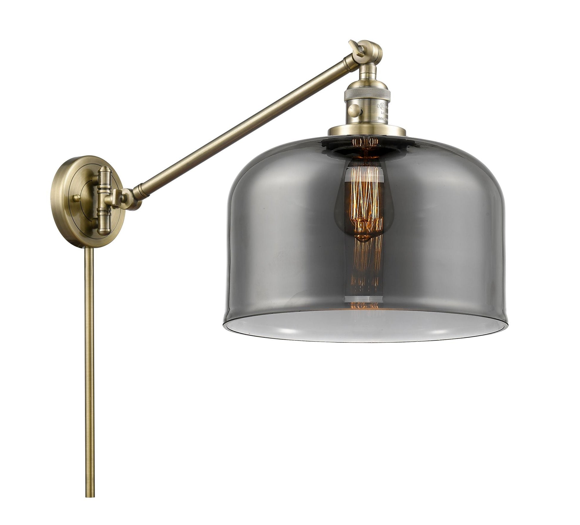 1-Light 12" Bell Swing Arm With Switch - Bell-Urn Plated Smoke Glass - Choice of Finish And Incandesent Or LED Bulbs