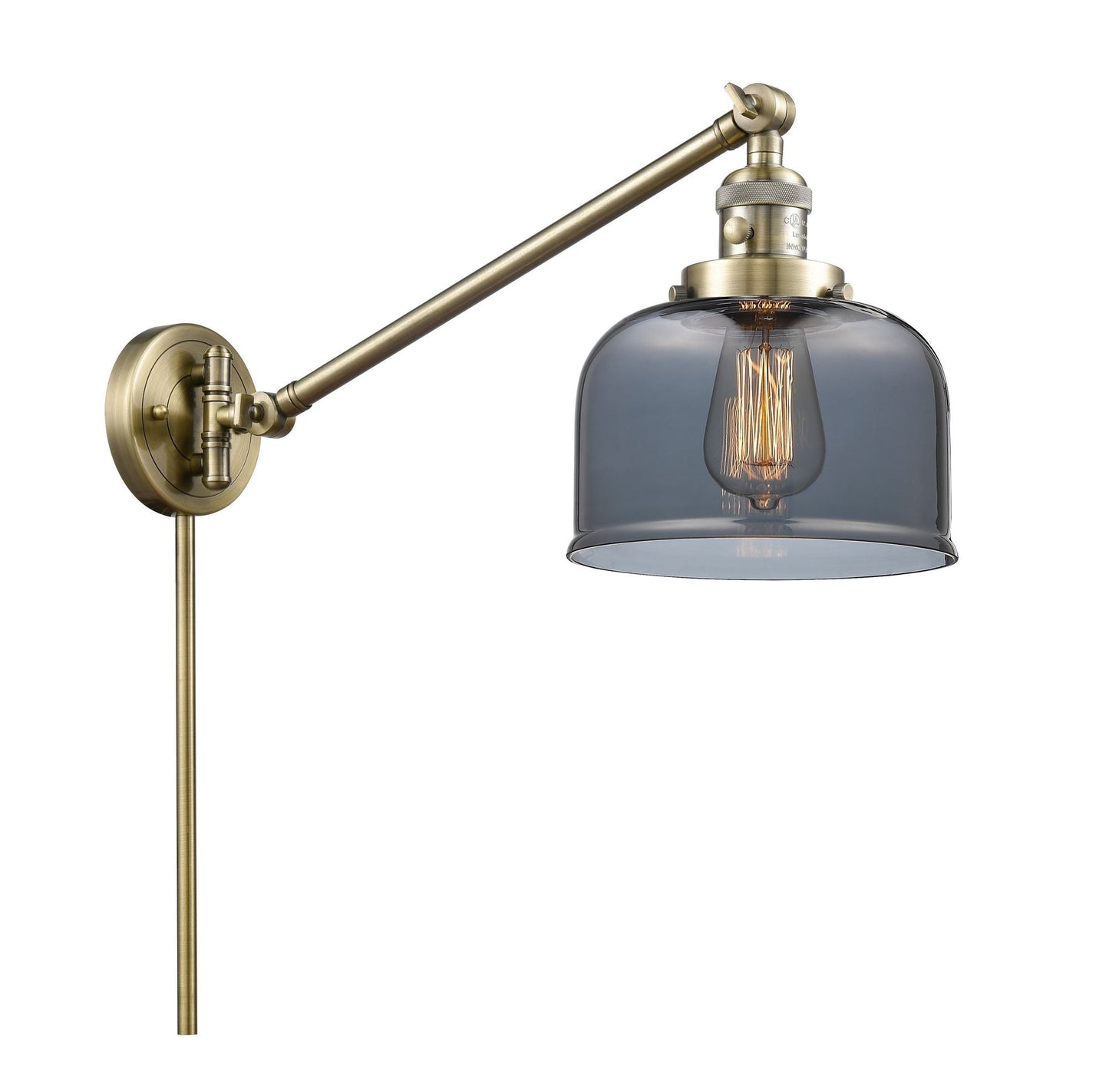 1-Light 8" Bell Swing Arm With Switch - Bell-Urn Plated Smoke Glass - Choice of Finish And Incandesent Or LED Bulbs