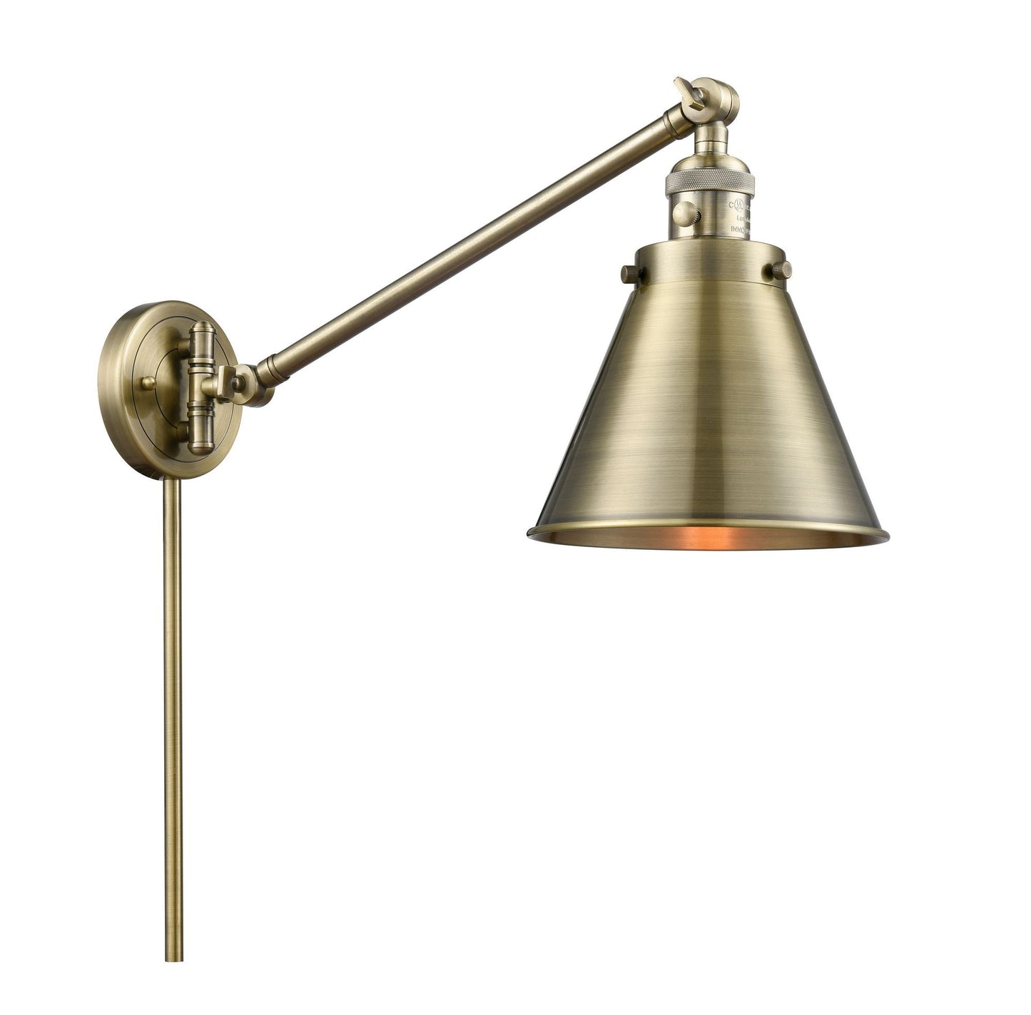 1-Light 8" Antique Brass Appalachian Swing Arm With Switch - Cone Antique Brass Glass - Incandesent Or LED Bulbs