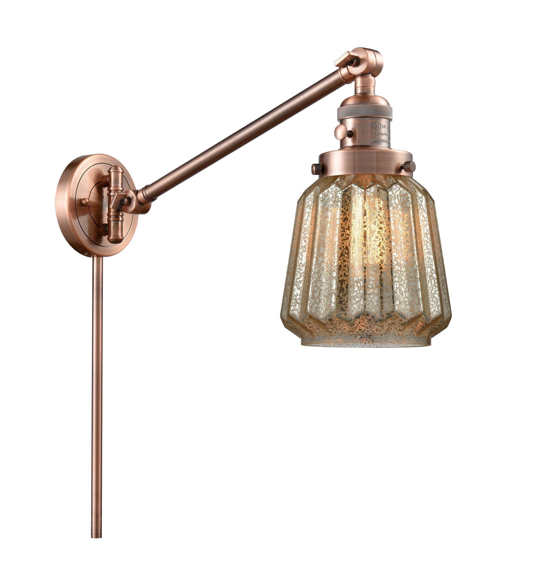237-AC-G146 1-Light 8" Antique Copper Swing Arm - Mercury Plated Chatham Glass - LED Bulb - Dimmensions: 8 x 35 x 25 - Glass Up or Down: Yes