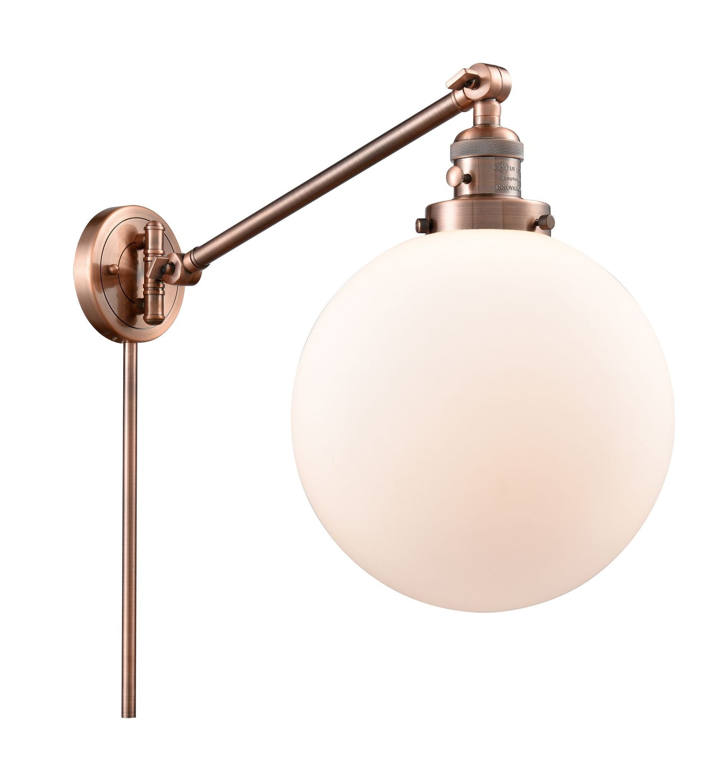 237-AC-G201-10 1-Light 10" Antique Copper Swing Arm - Matte White Cased Beacon Glass - LED Bulb - Dimmensions: 10 x 18 x 14 - Glass Up or Down: Yes
