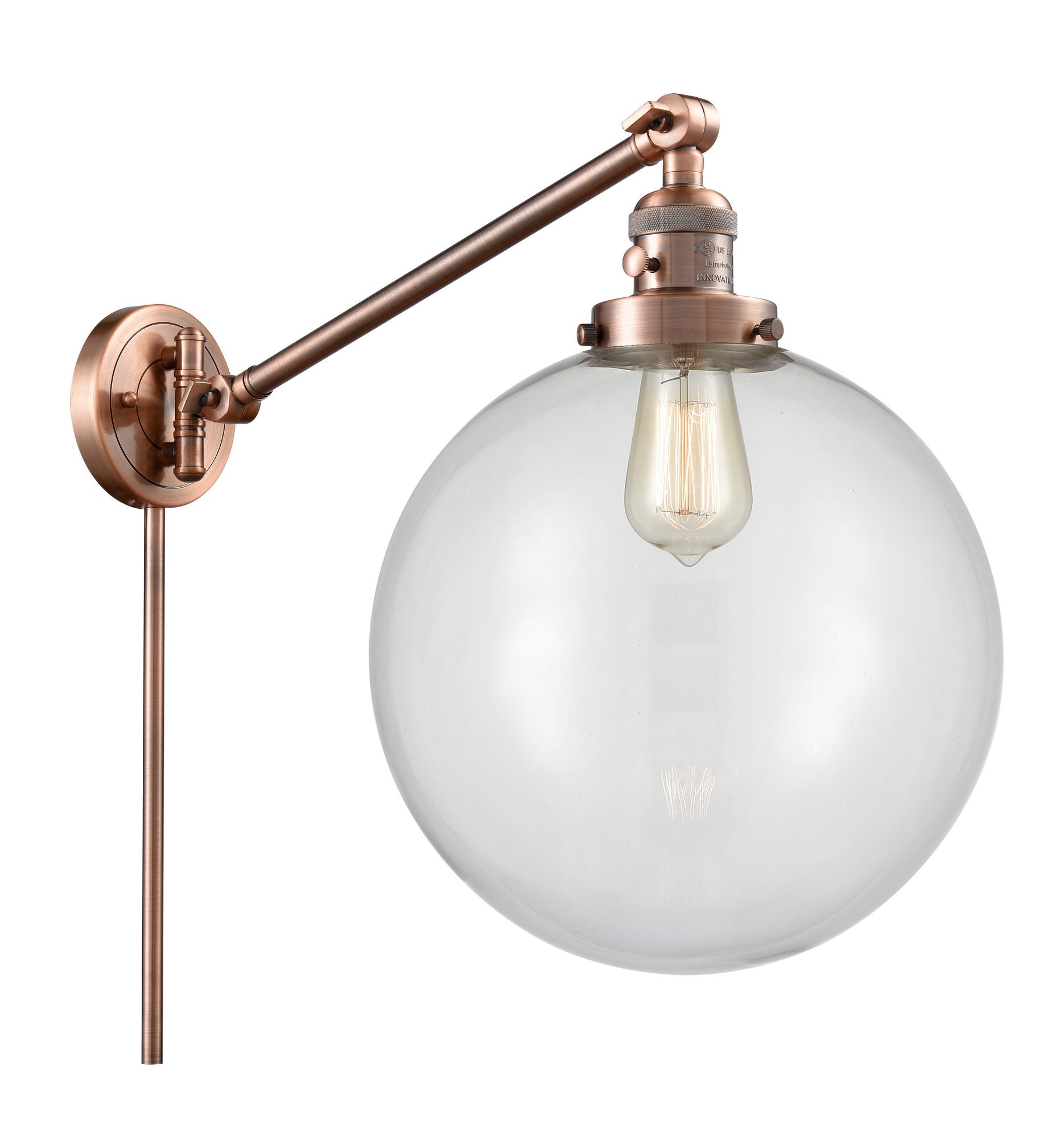 237-AC-G202-12 1-Light 12" Antique Copper Swing Arm - Clear Beacon Glass - LED Bulb - Dimmensions: 12 x 20 x 16 - Glass Up or Down: Yes