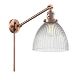 237-AC-G222 1-Light 9.5" Antique Copper Swing Arm - Clear Halophane Seneca Falls Glass - LED Bulb - Dimmensions: 9.5 x 18 x 16 - Glass Up or Down: Yes