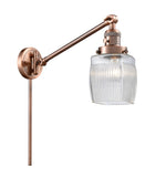 237-AC-G302 1-Light 8" Antique Copper Swing Arm - Thick Clear Halophane Colton Glass - LED Bulb - Dimmensions: 8 x 30 x 25 - Glass Up or Down: Yes